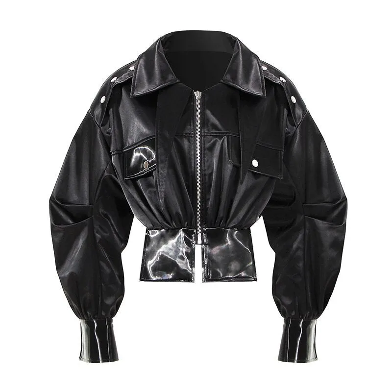 2023 Autumn Women Motorcycle Jackets Zipper Spliced Short Faux Leather Coat