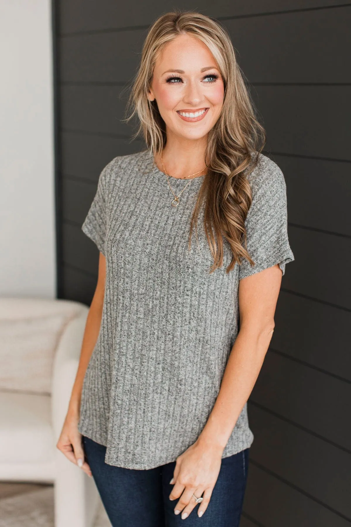 A New Direction Ribbed Top- Heather Grey