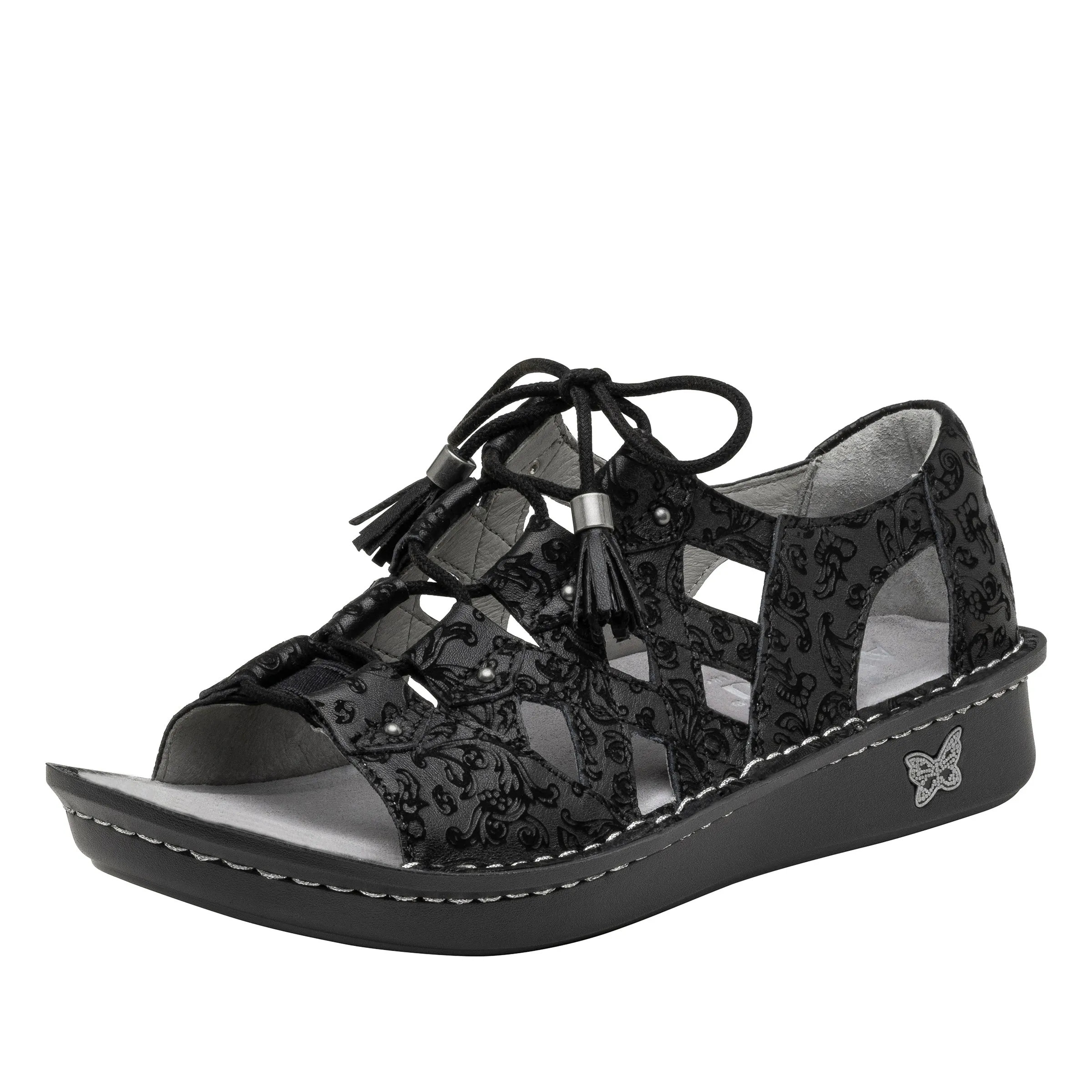 Alegria Womens Valerie Gladiator Lace Sandal- Black Lace