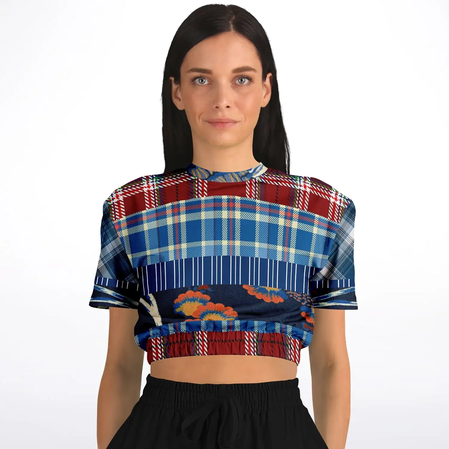 Andromeda Blue Plaid Short Sleeve Cropped Eco-Poly Sweater