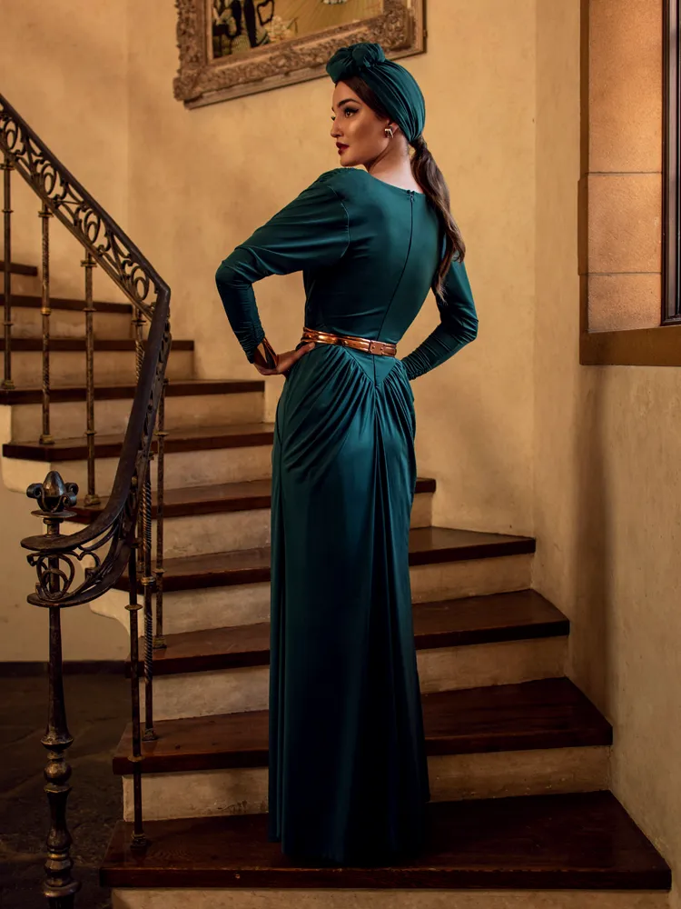 Art Deco Rusched Gown in Green