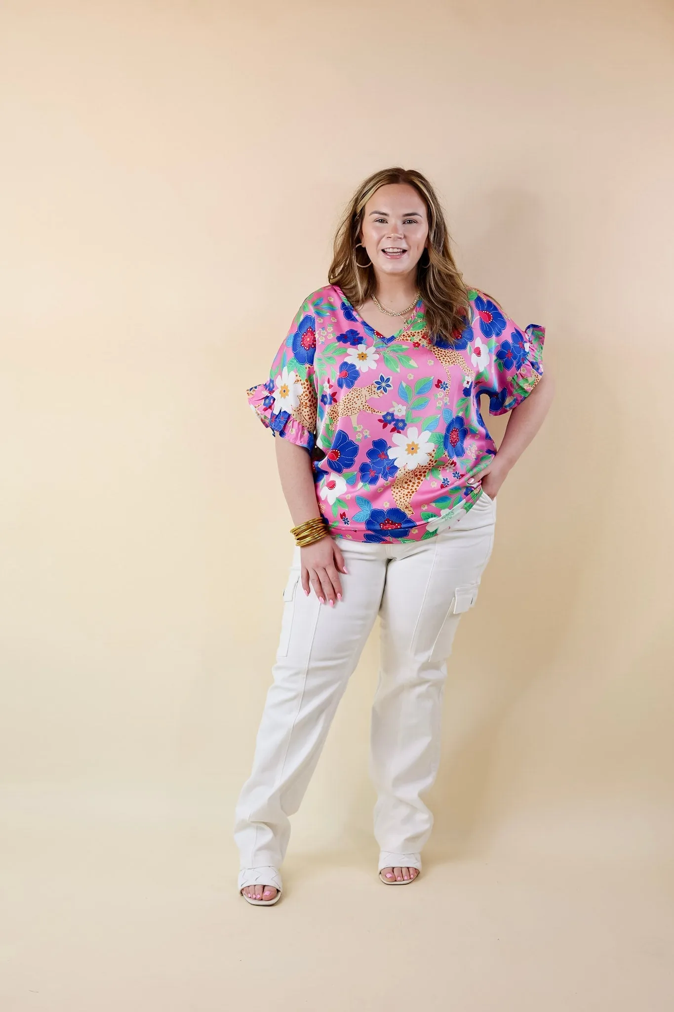 Best Version Floral and Cheetah Print V Neck Top with Ruffle Short Sleeves in Pink