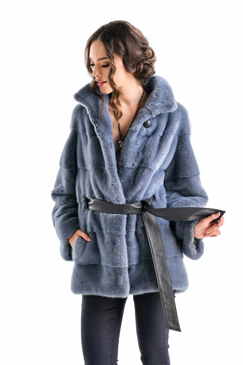 Blue Gray Shaded Genuine Mink Fur Coat