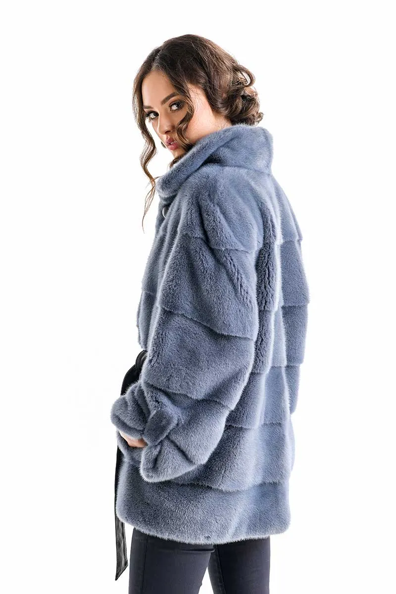 Blue Gray Shaded Genuine Mink Fur Coat