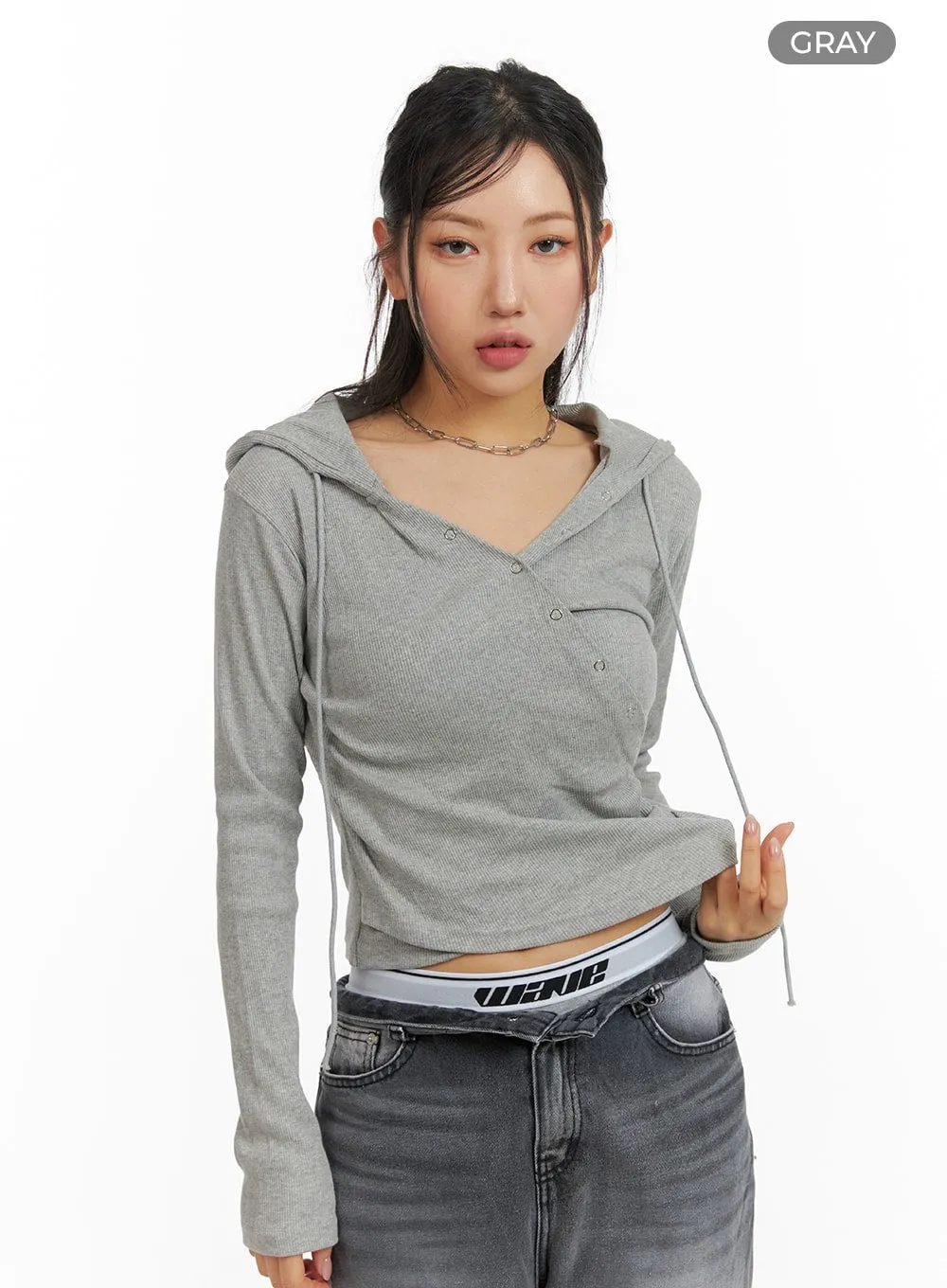 Button Detail Crop Hoodie CM411