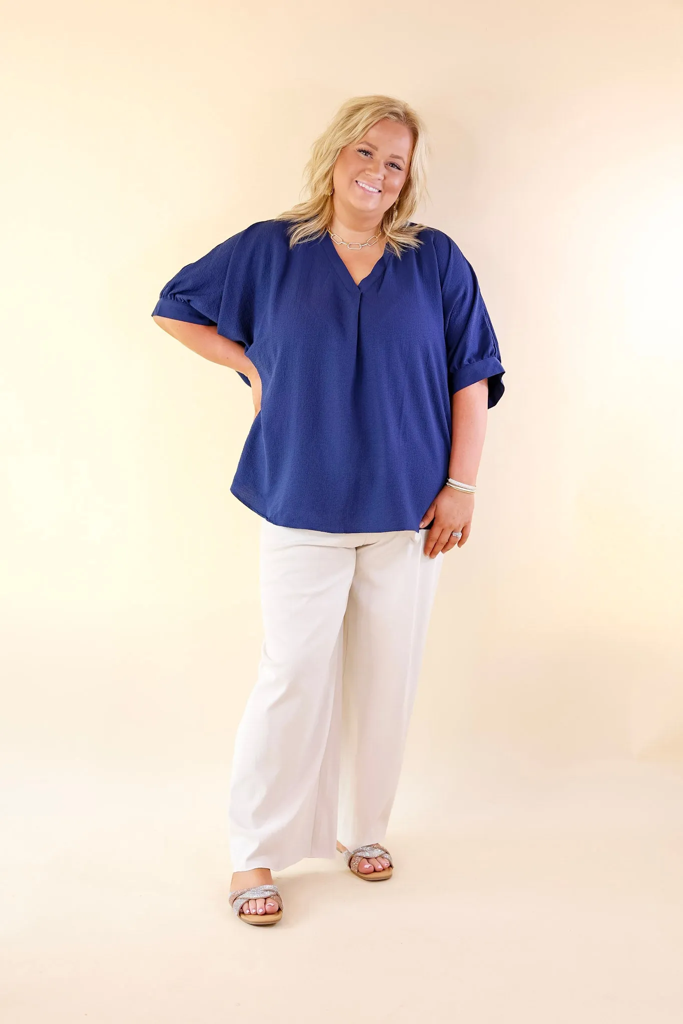 Chic and Charming V Neck Top with 3/4 Sleeves in Navy Blue