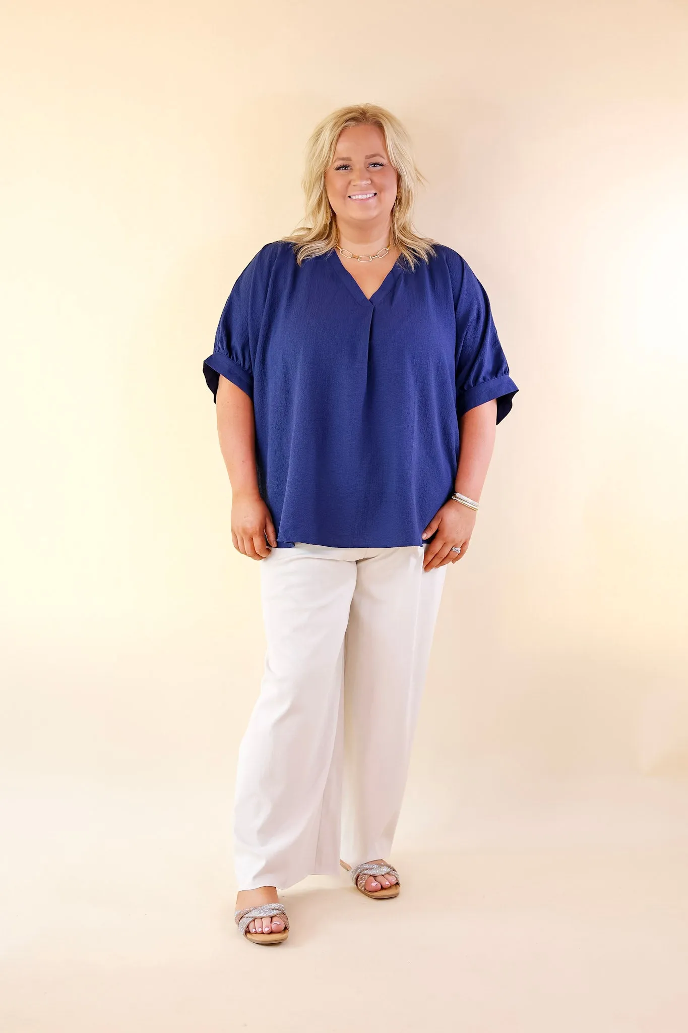 Chic and Charming V Neck Top with 3/4 Sleeves in Navy Blue