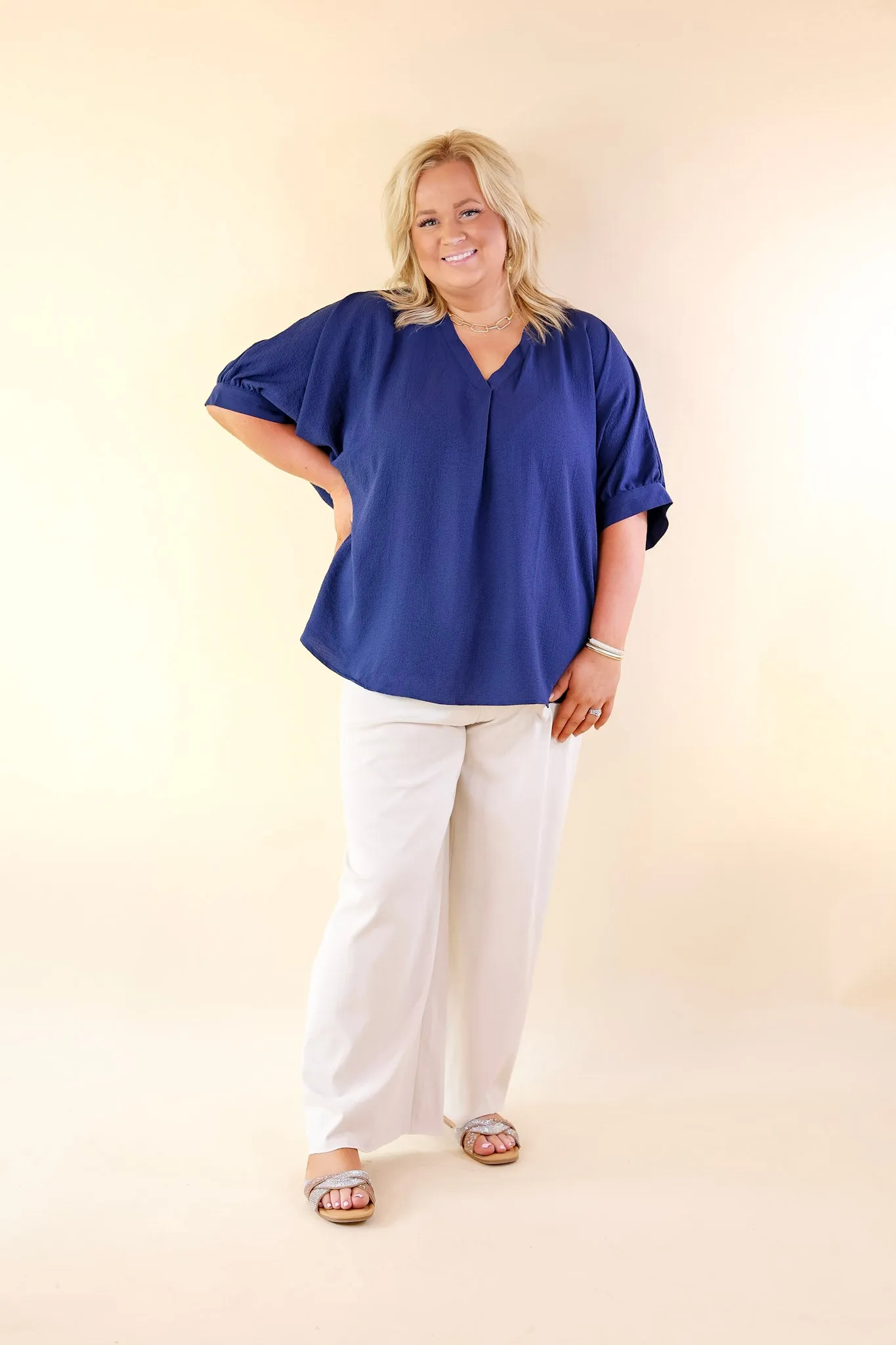 Chic and Charming V Neck Top with 3/4 Sleeves in Navy Blue