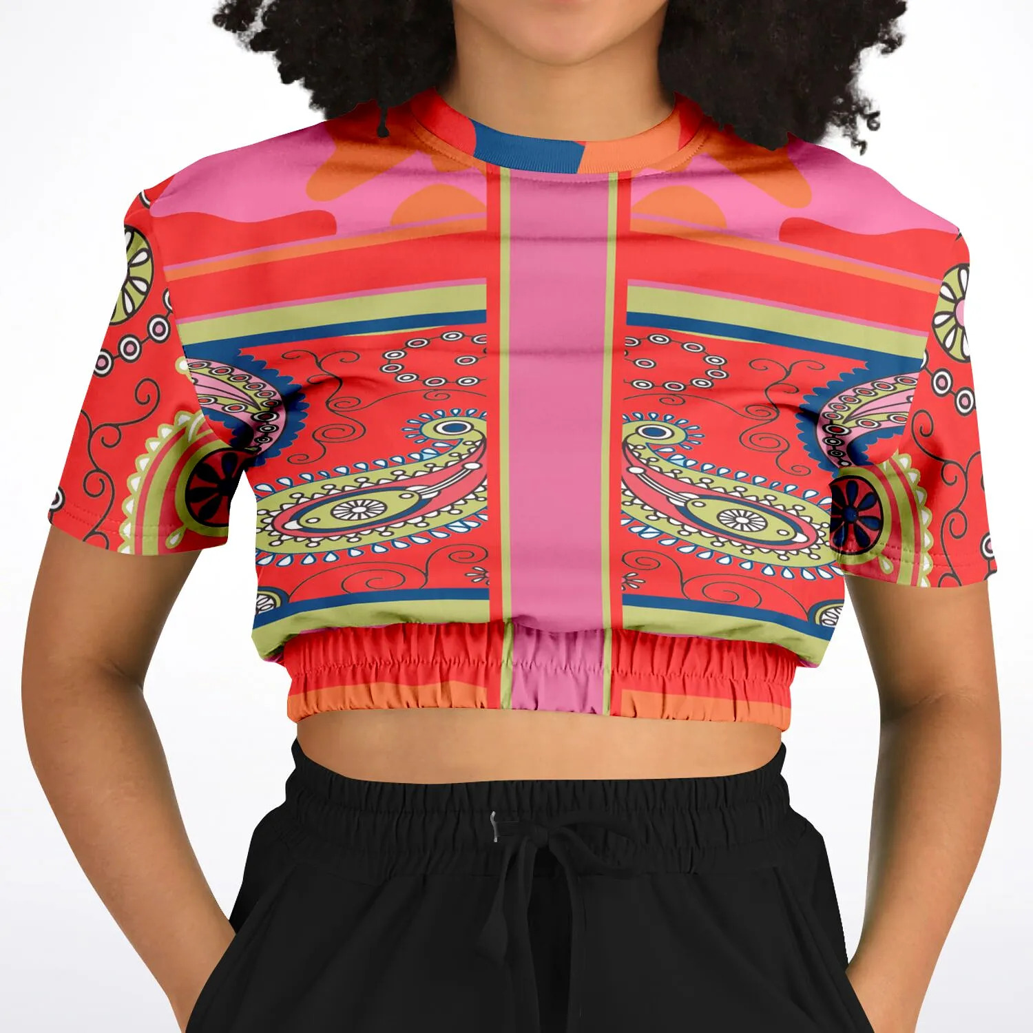 Chili Pepper Camo Paisley Short Sleeve Cropped Eco-Poly Sweater