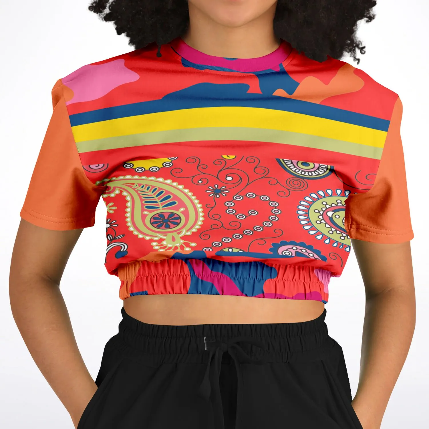 Chili Pepper Paisley Short Sleeve Cropped Eco-Poly Sweater