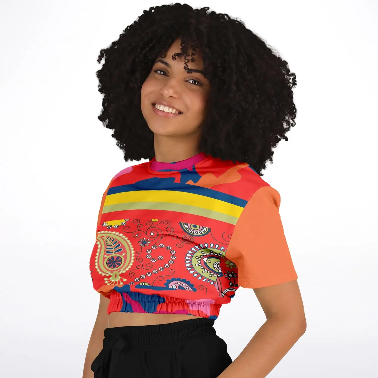 Chili Pepper Paisley Short Sleeve Cropped Eco-Poly Sweater