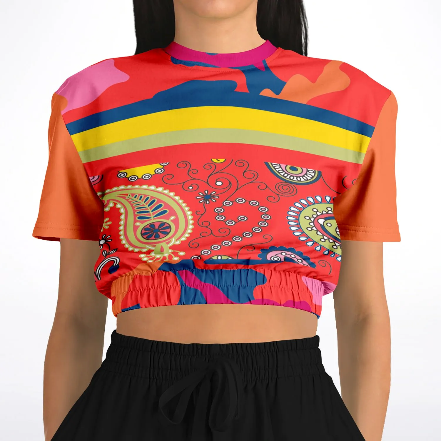 Chili Pepper Paisley Short Sleeve Cropped Eco-Poly Sweater