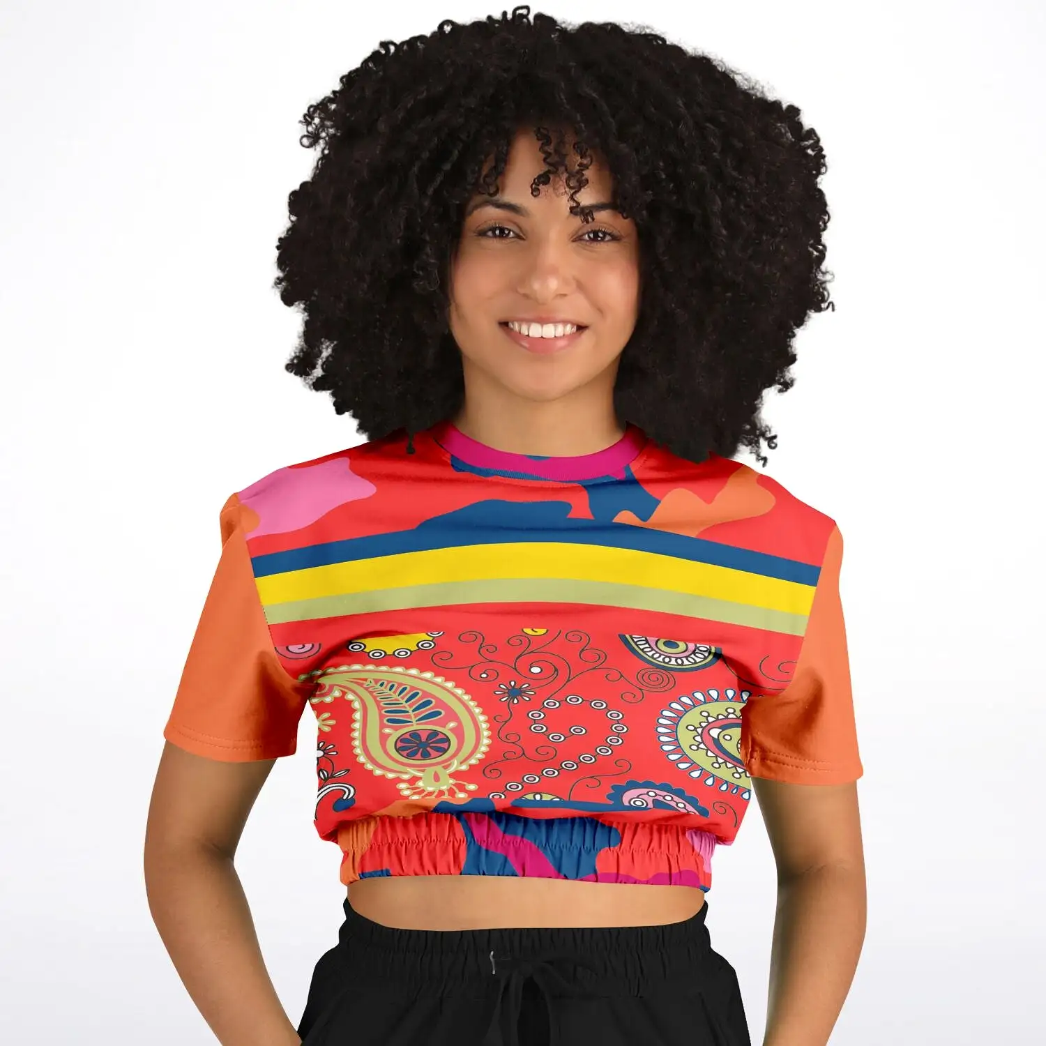 Chili Pepper Paisley Short Sleeve Cropped Eco-Poly Sweater