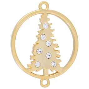 Connector Link, Christmas Tree Round Vertical 24x30mm, Gold Tone with Crystal Accent (1 Piece)