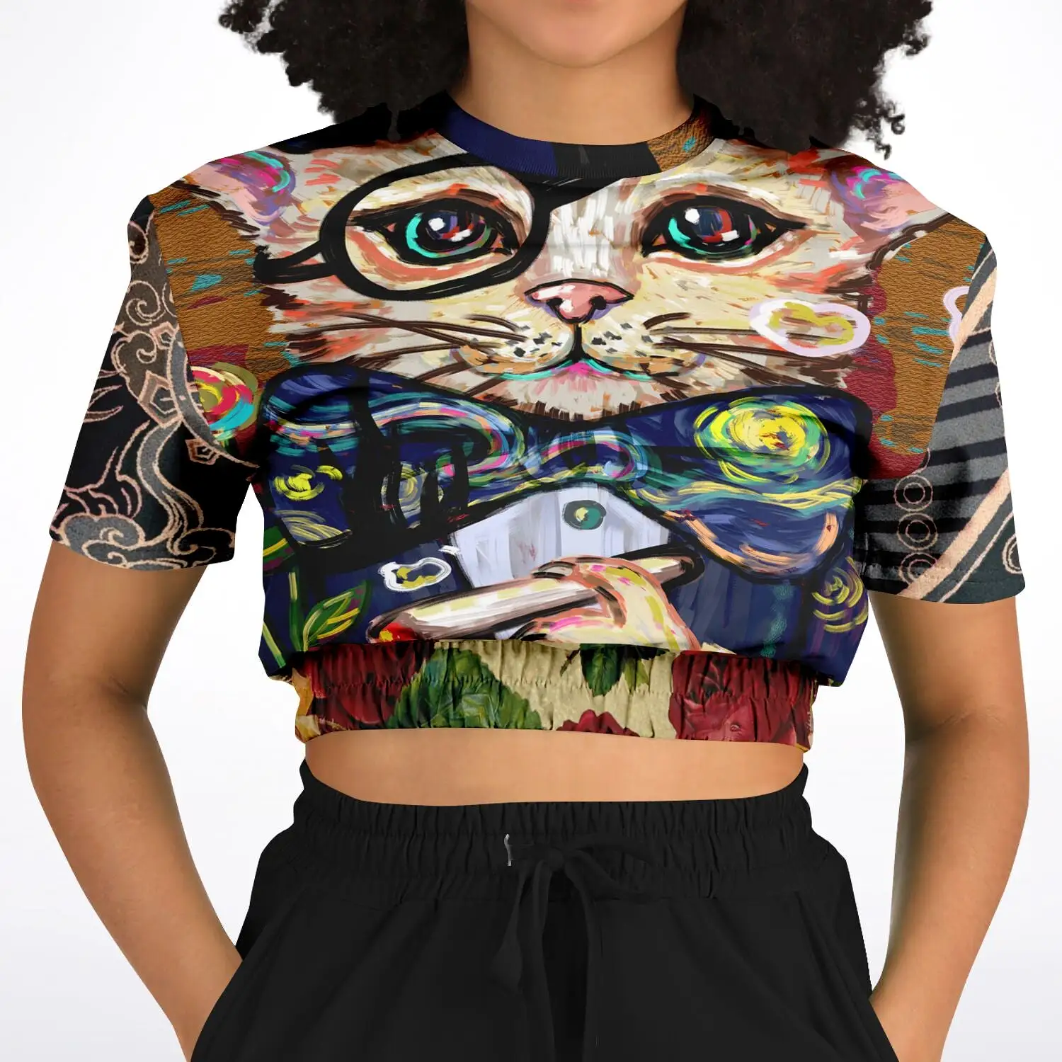 Dapper Cat Short Sleeve Cropped Eco-Poly Sweater