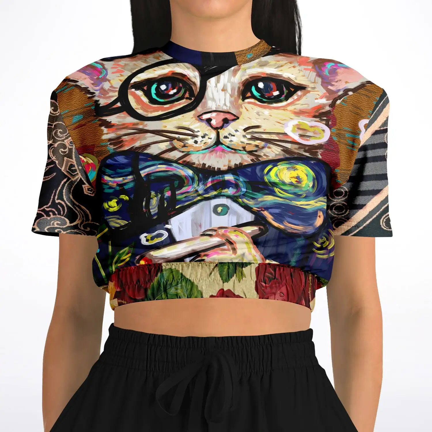 Dapper Cat Short Sleeve Cropped Eco-Poly Sweater