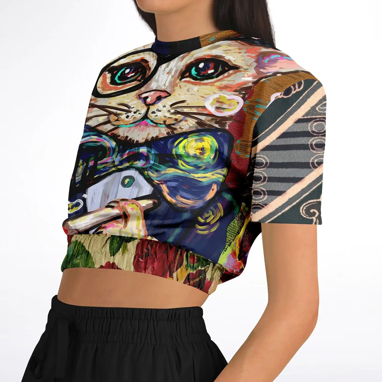 Dapper Cat Short Sleeve Cropped Eco-Poly Sweater