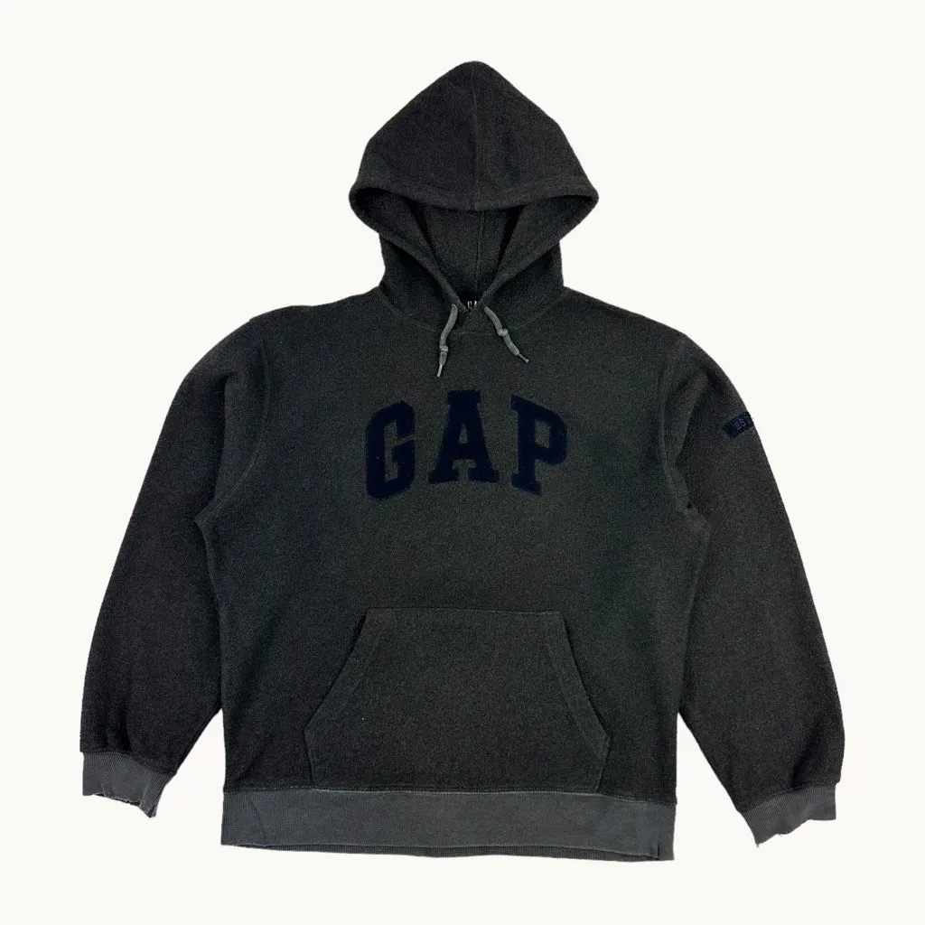 Dark Grey 90s GAP Spellout  Fleece Hoodie Sweatshirt (M)