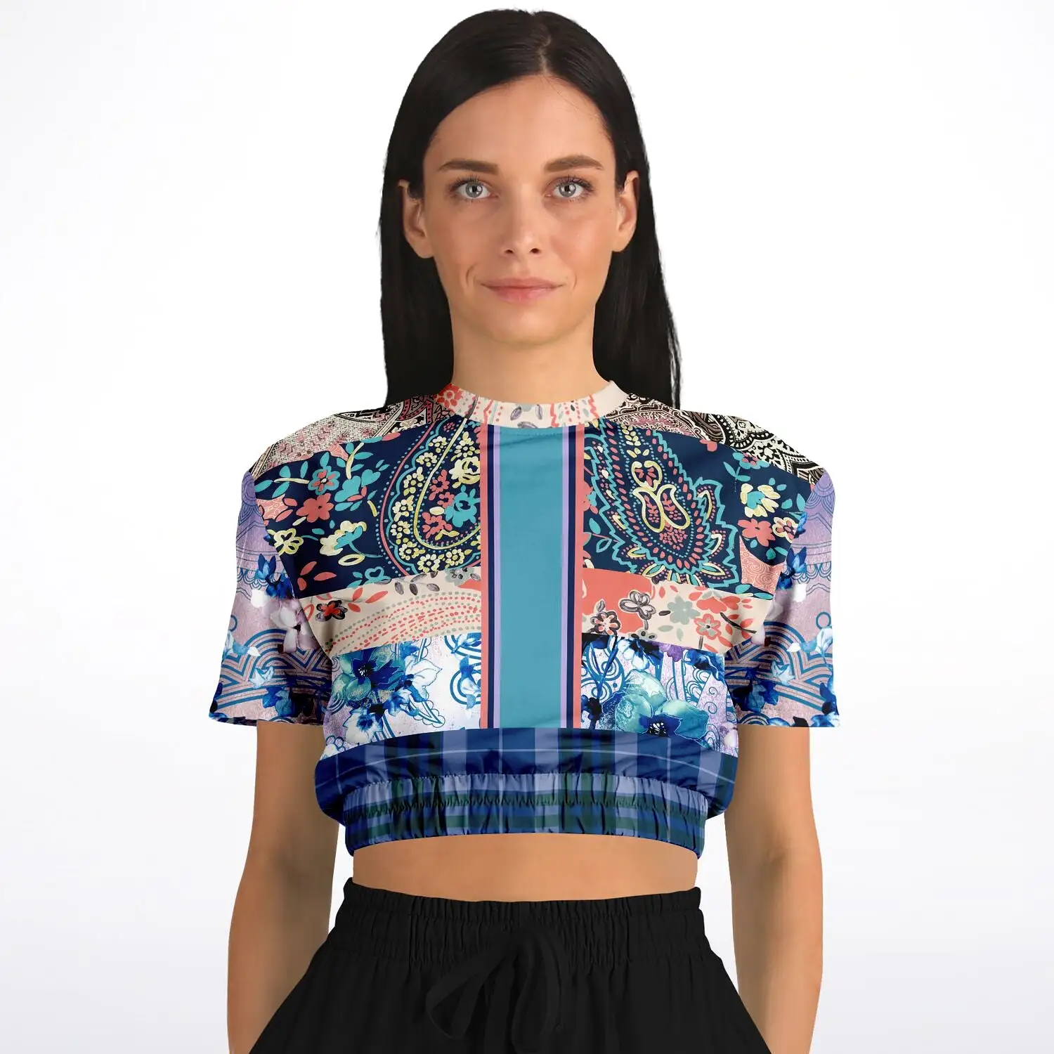 Dolores Park Paisley Plaid Short Sleeve Cropped Eco-Poly Sweater