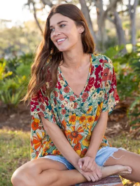 Easy V-Neck Top - Gold Vintage Floral