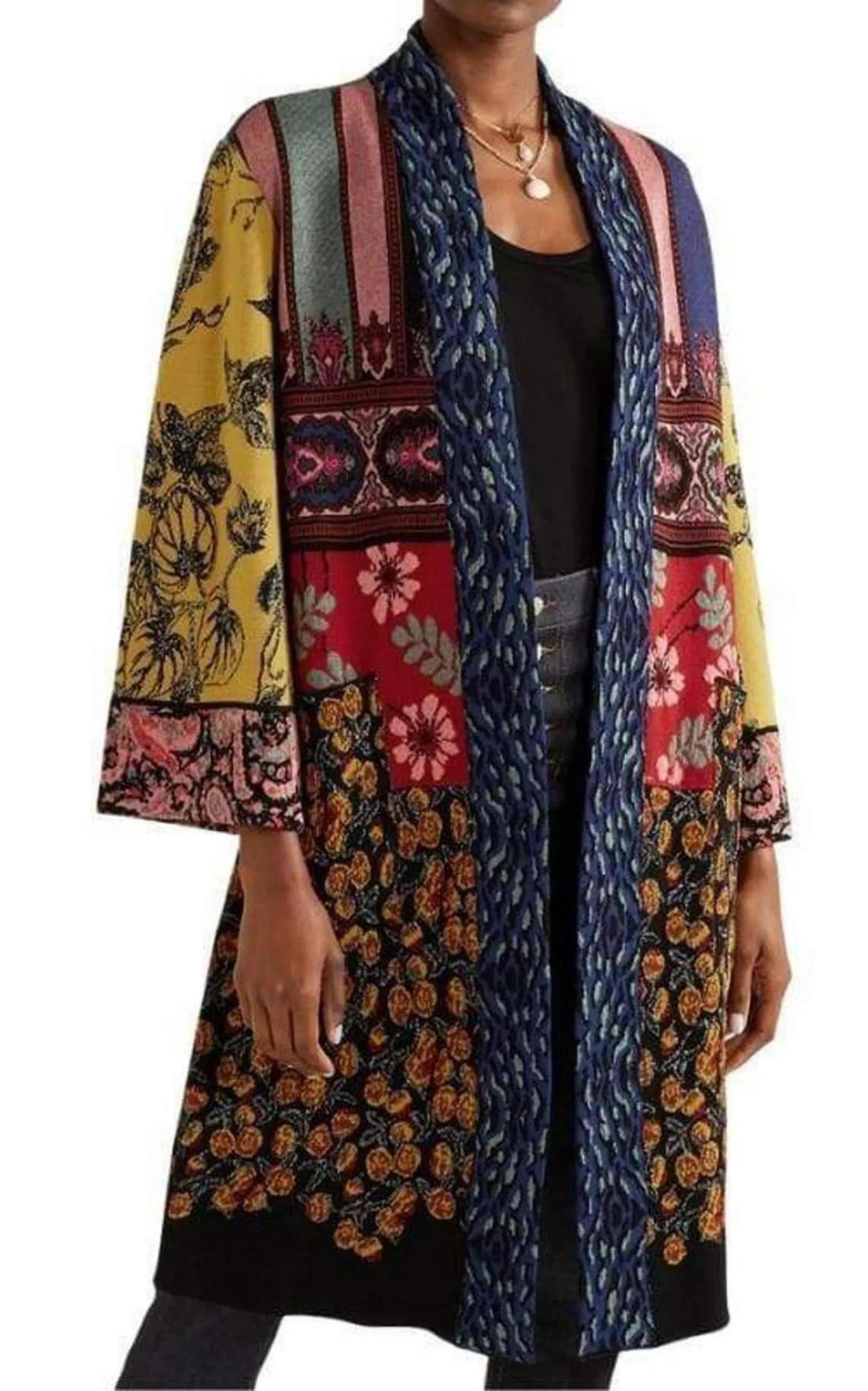 ETRO  |Patchwork Metallic Jacquard-Knit Cardigan Coat