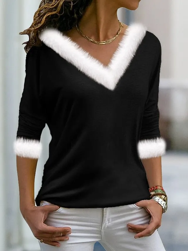 Festive Christmas Color Block Long Sleeve Tee for Women