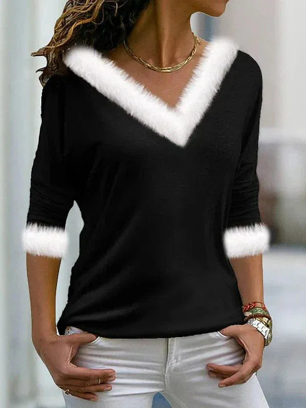 Festive Christmas Color Block Long Sleeve Tee for Women