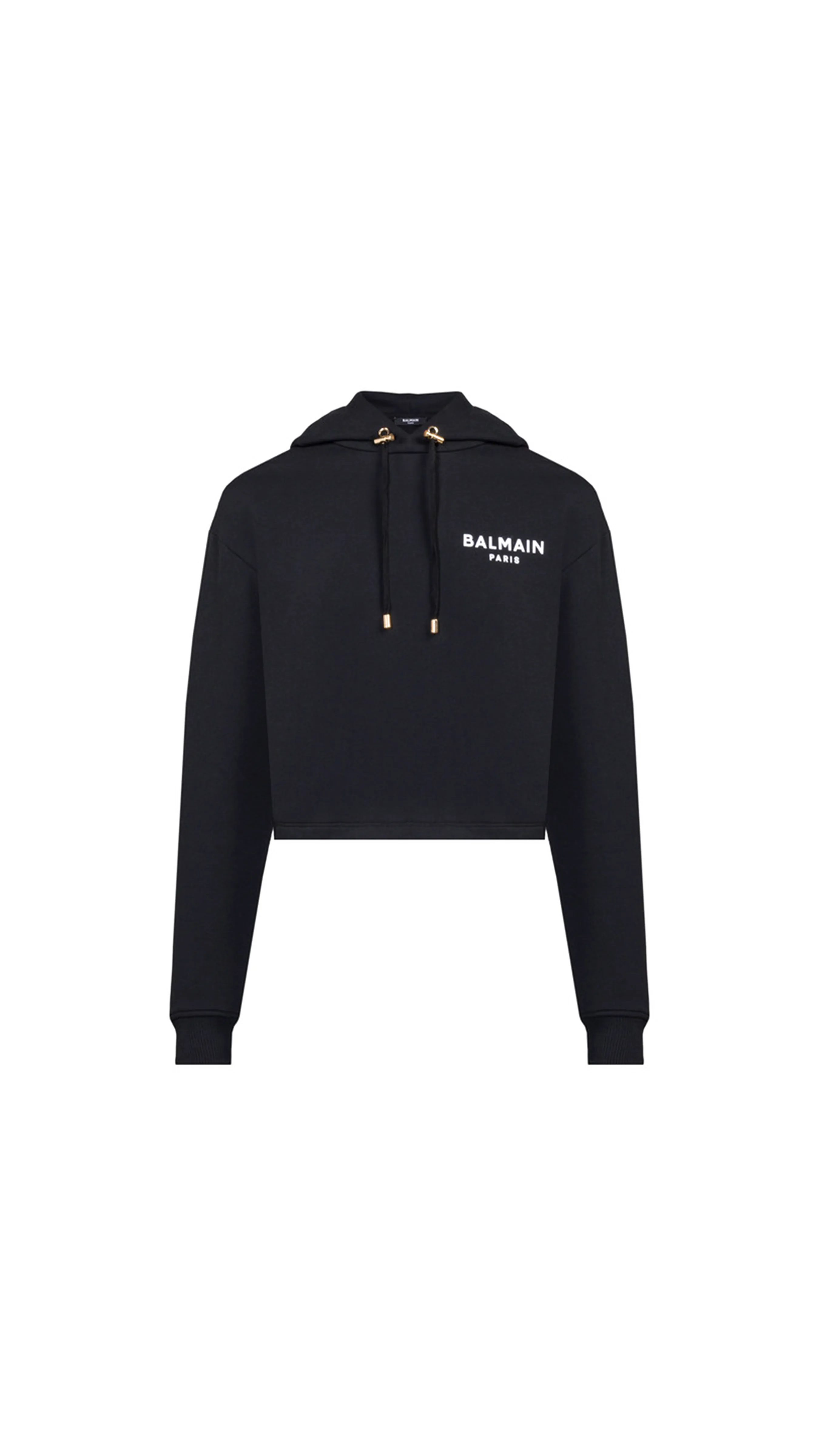 Flocked Logo Cropped Hoodie - Black