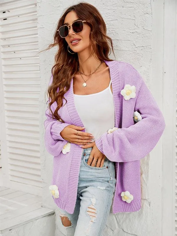 Floral Lantern Sleeves Cardigan Sweater