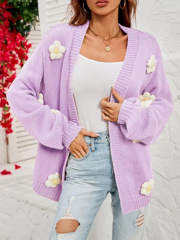 Floral Lantern Sleeves Cardigan Sweater