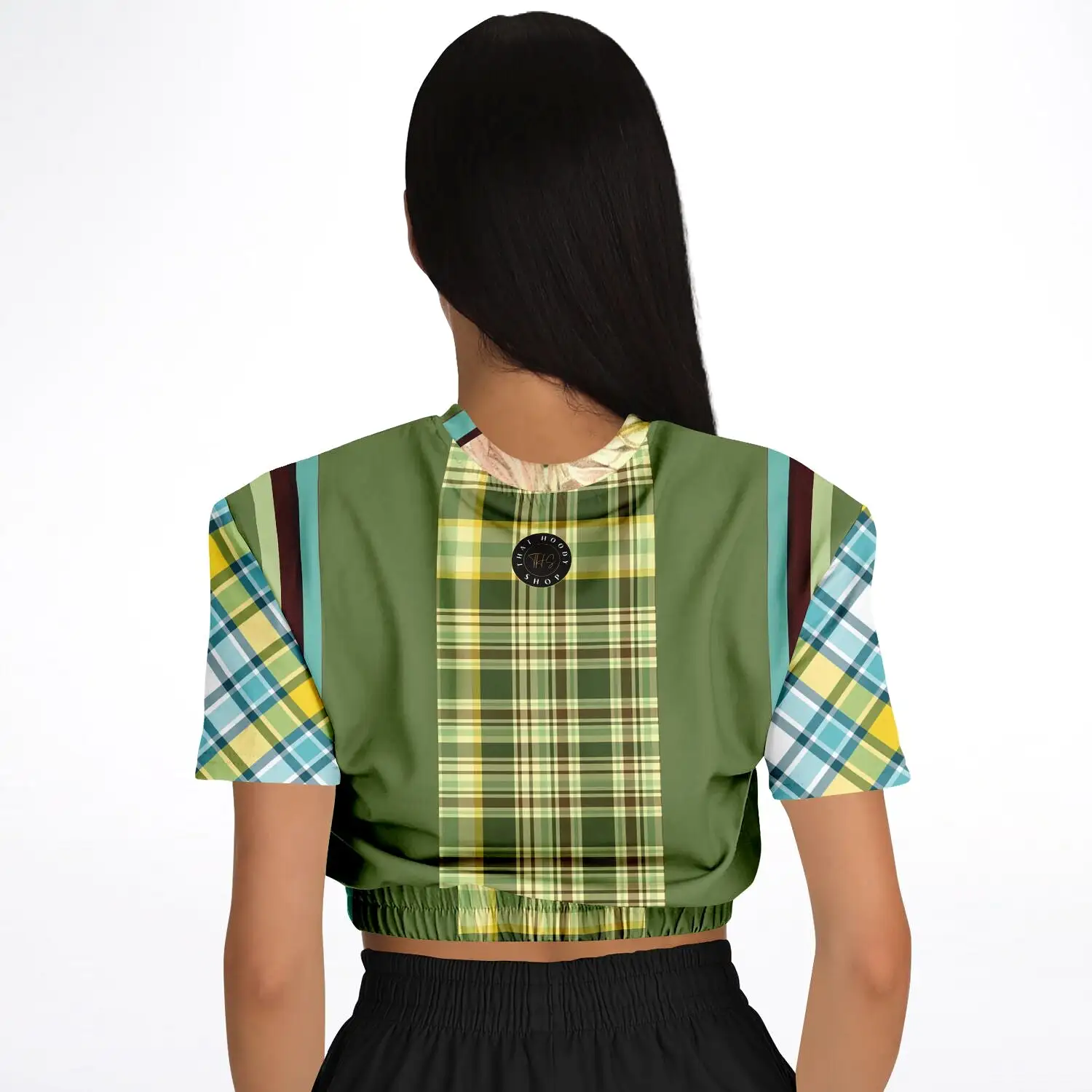 Green Caravan Plaid Short Sleeve Cropped Eco-Poly Sweater