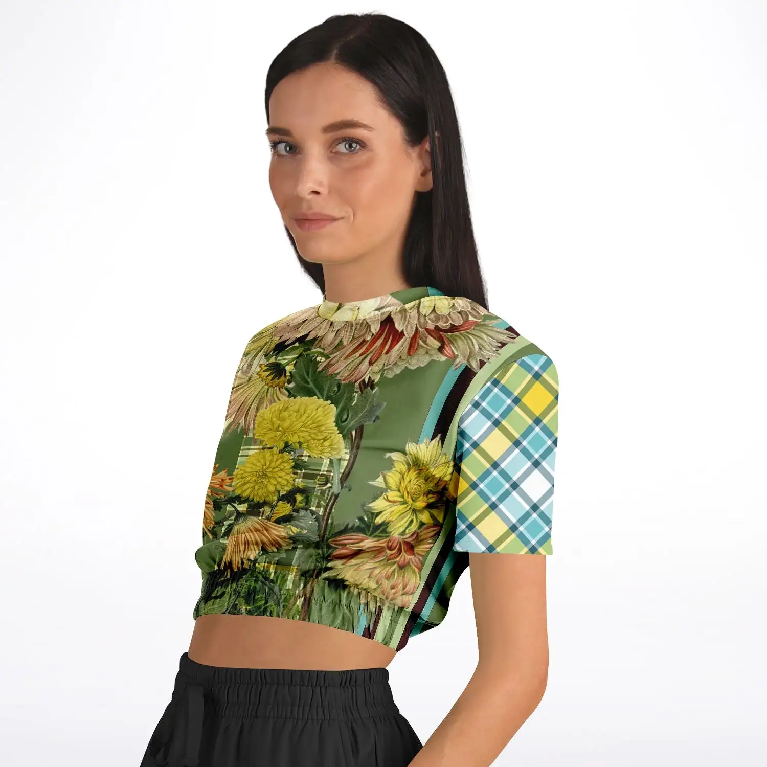 Green Caravan Plaid Short Sleeve Cropped Eco-Poly Sweater