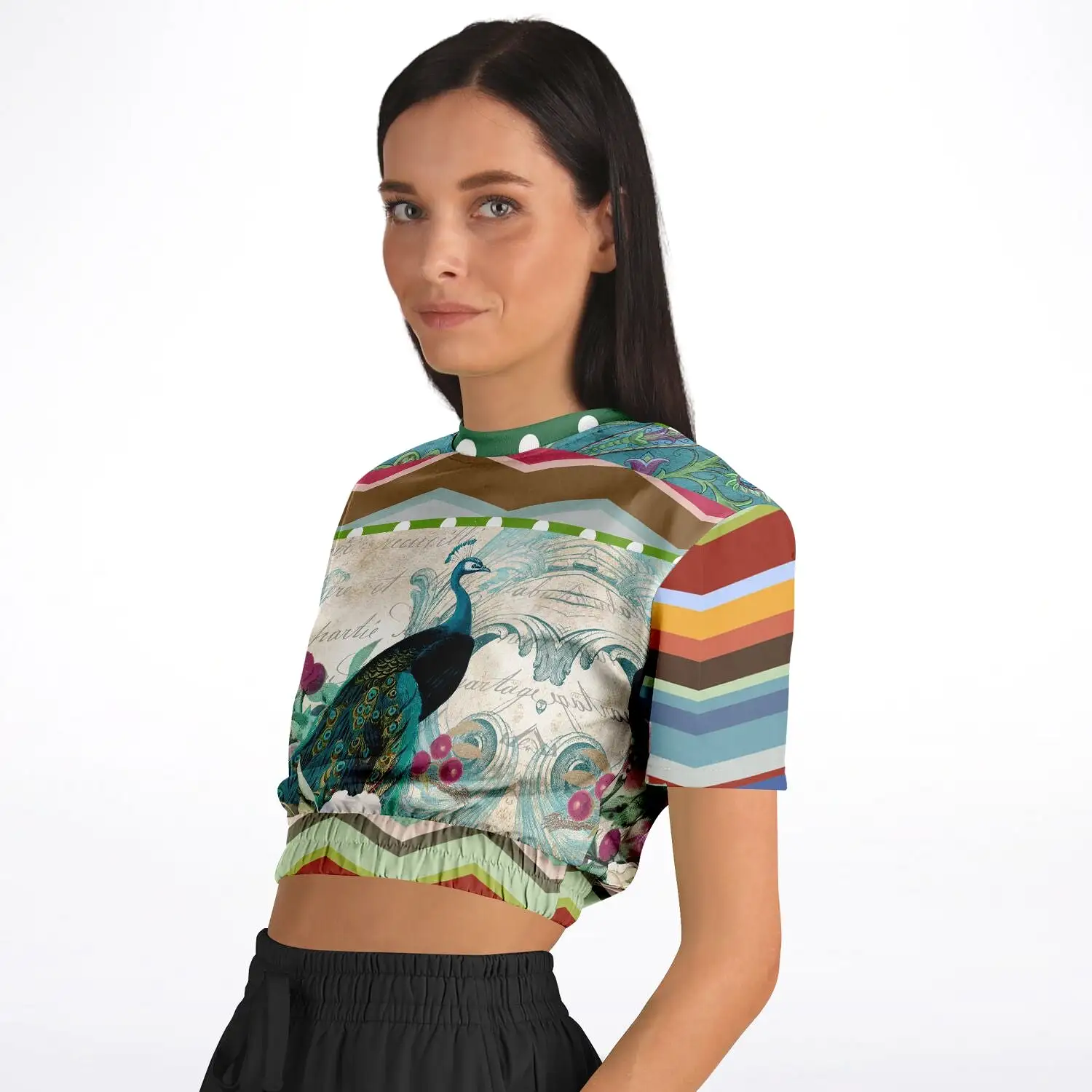 Green Peacock Short Sleeve Cropped Eco-Poly Sweater