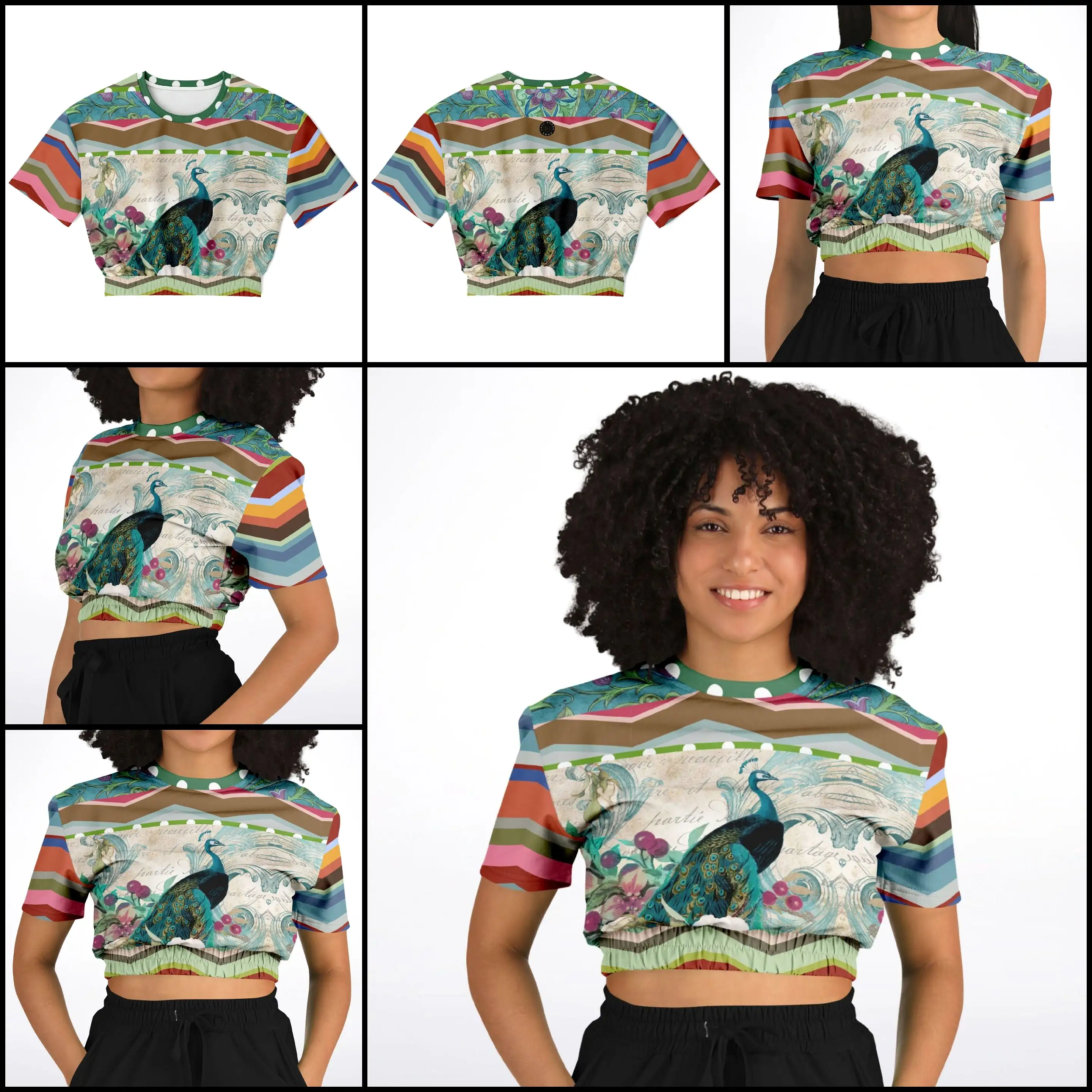 Green Peacock Short Sleeve Cropped Eco-Poly Sweater