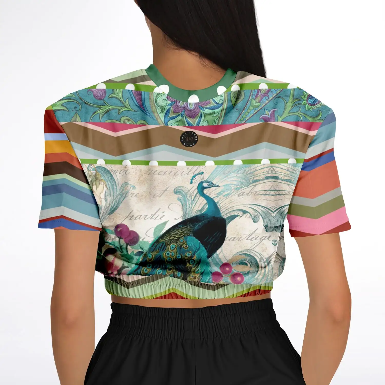 Green Peacock Short Sleeve Cropped Eco-Poly Sweater