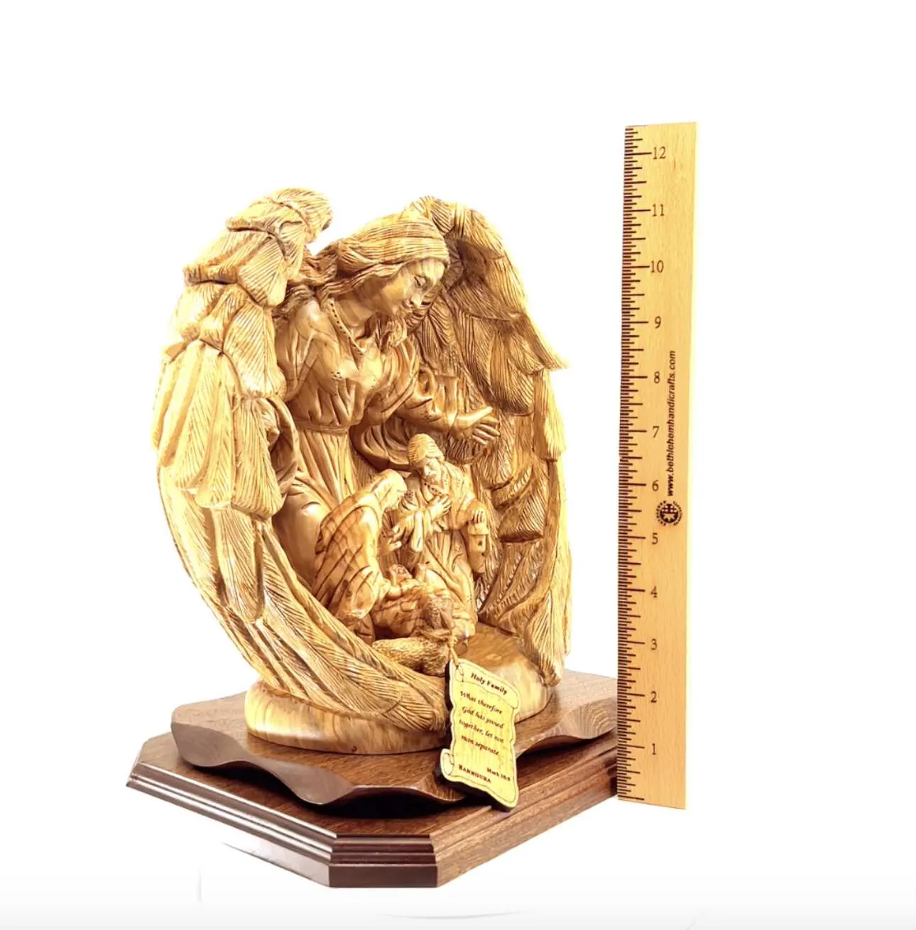 Guardian Angel with Holy Family Nativity Scene Masterpiece 11.8 , Christmas Art Masterpiece Olive Wood Carved Sculpture from the