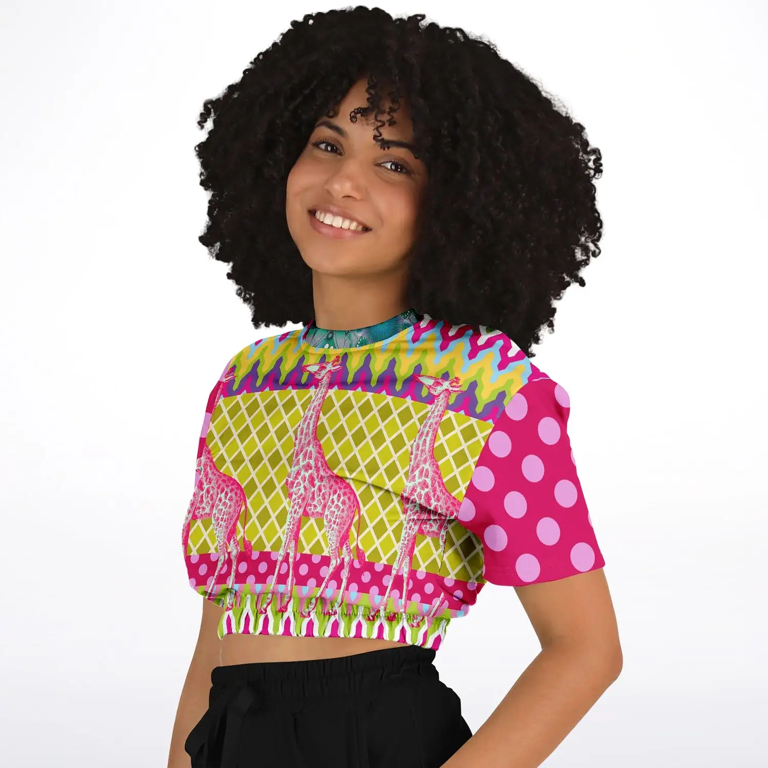 Hello Janis! Pink Geo Giraffe Print Short Sleeve Cropped Sweater