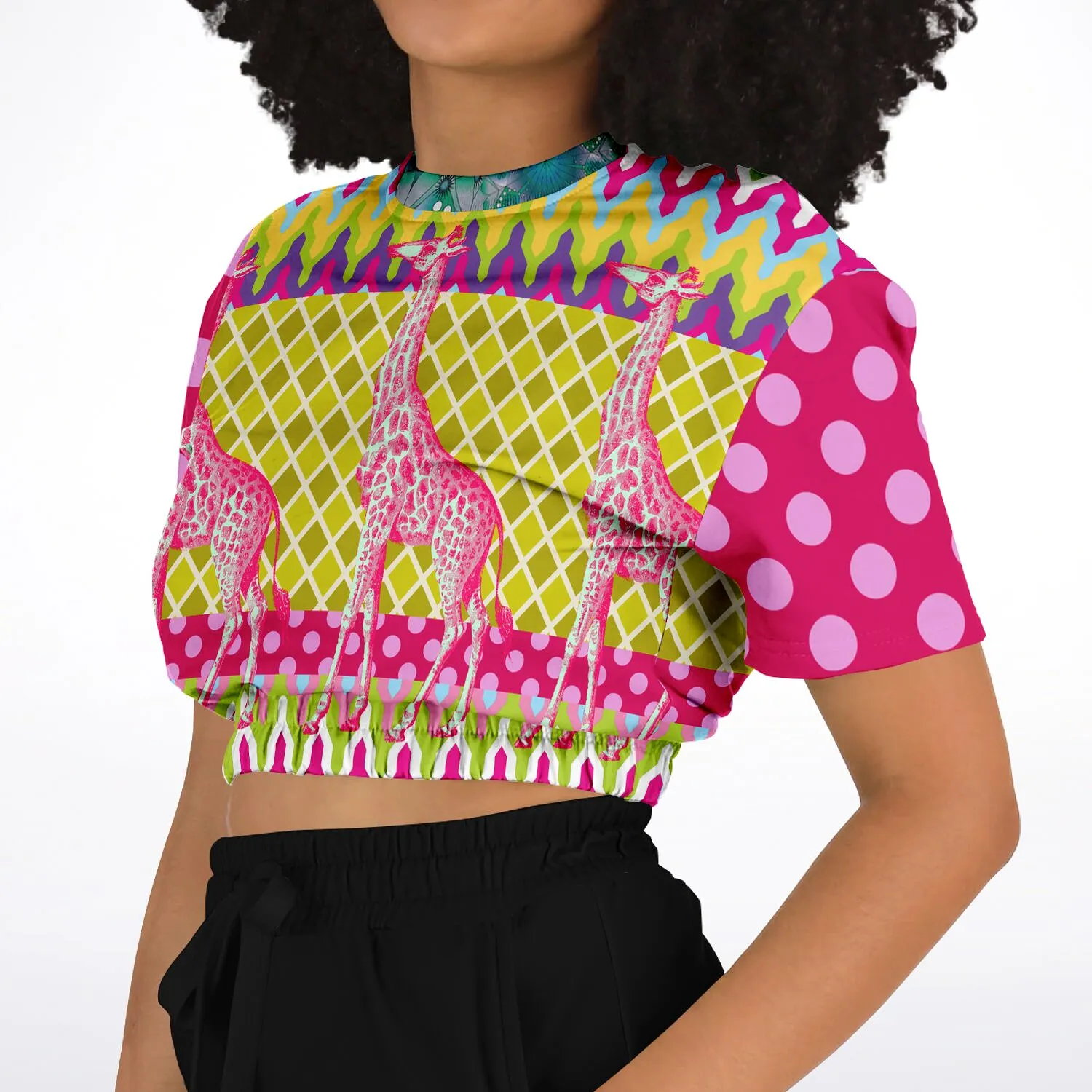 Hello Janis! Pink Geo Giraffe Print Short Sleeve Cropped Sweater