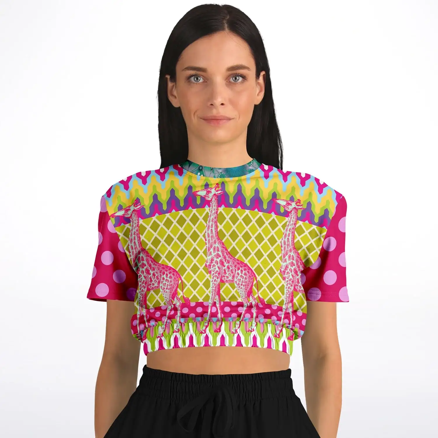 Hello Janis! Pink Geo Giraffe Print Short Sleeve Cropped Sweater