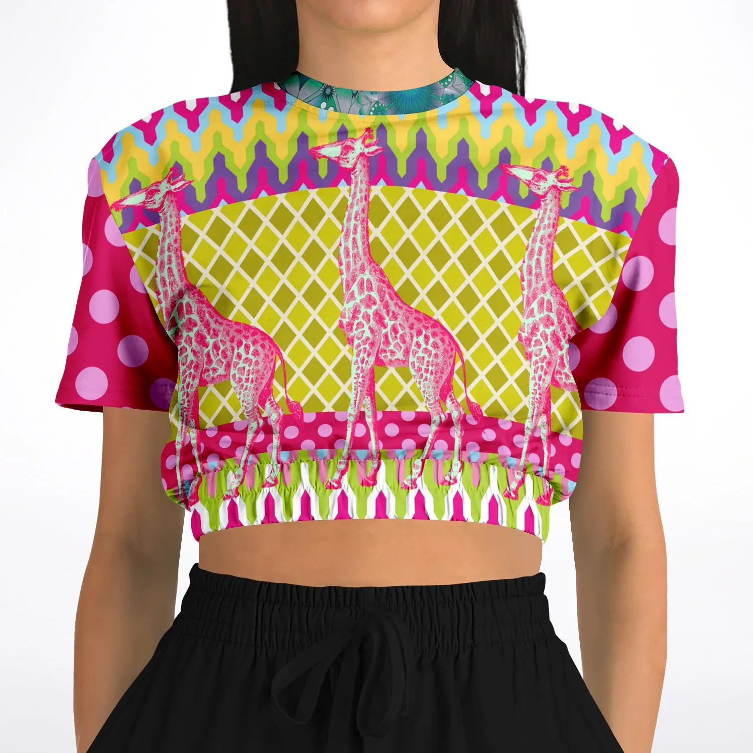 Hello Janis! Pink Geo Giraffe Print Short Sleeve Cropped Sweater