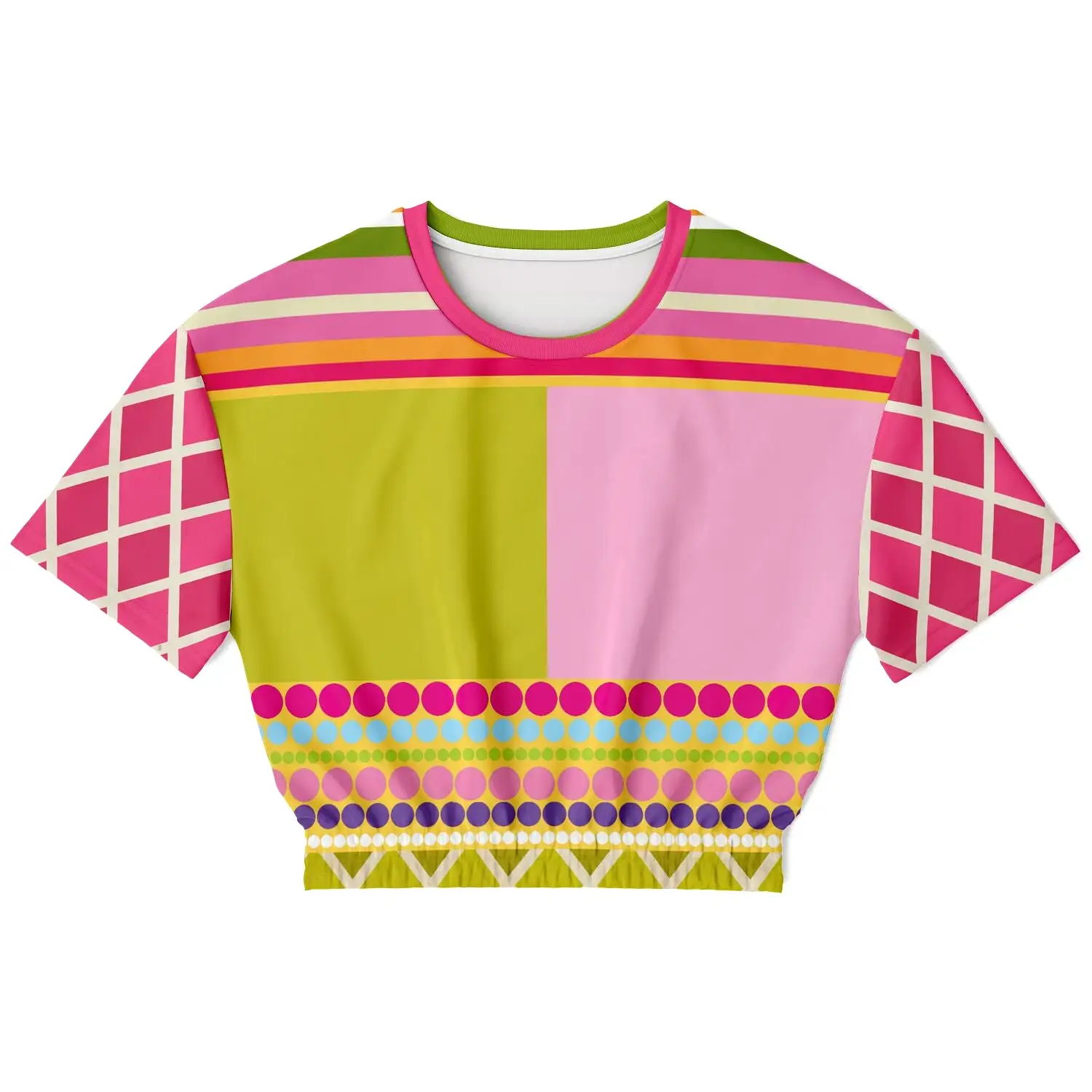 Hello Janis!  Pink Spliced Short Sleeve Cropped Sweater