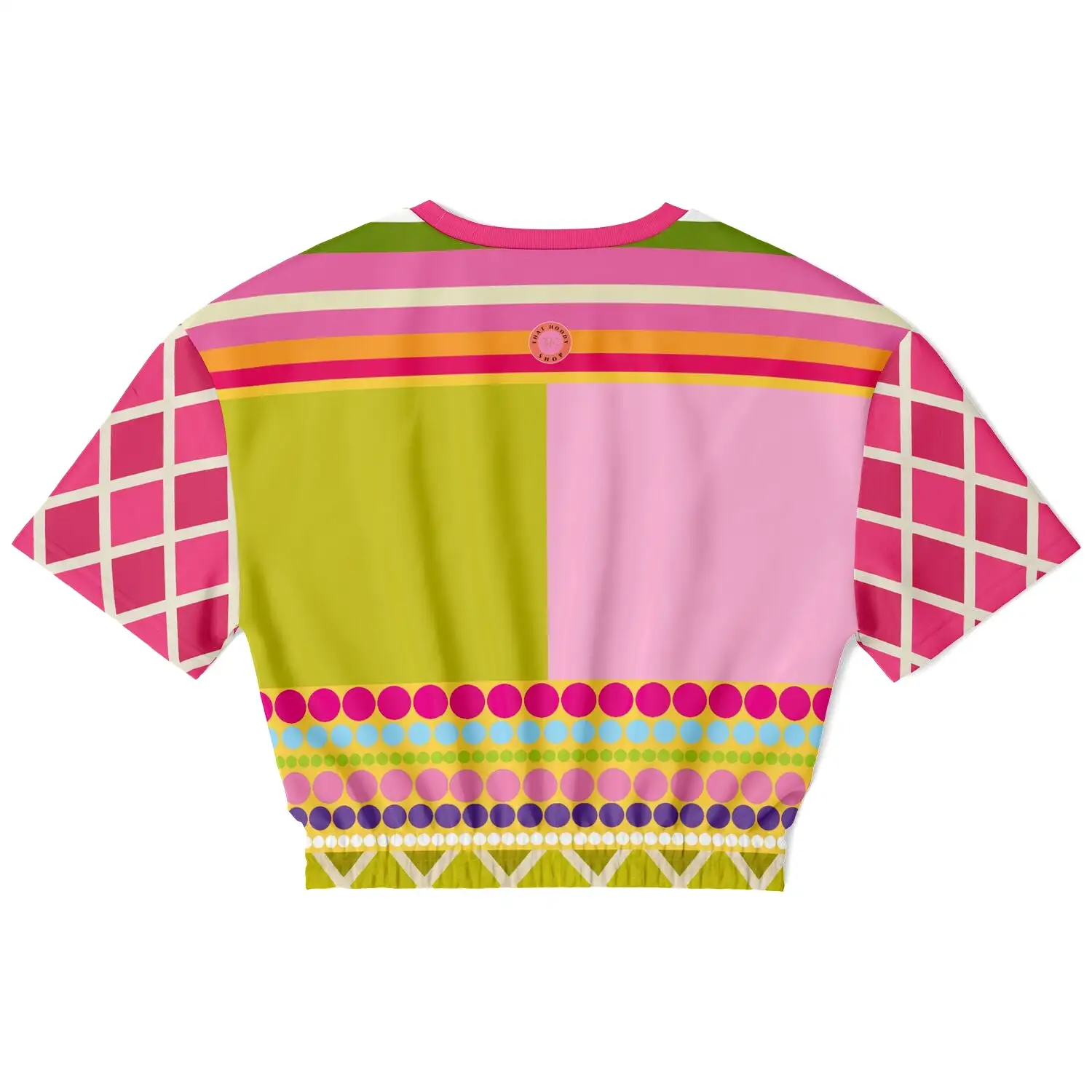 Hello Janis!  Pink Spliced Short Sleeve Cropped Sweater