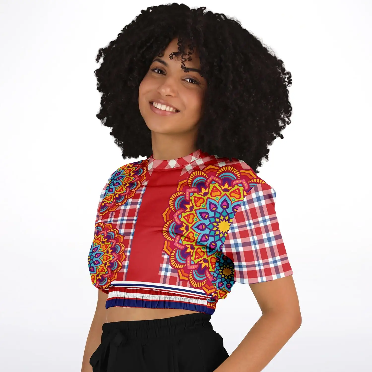 Hippy-Dippy Plaid Short Sleeve Cropped Eco-Poly Sweater