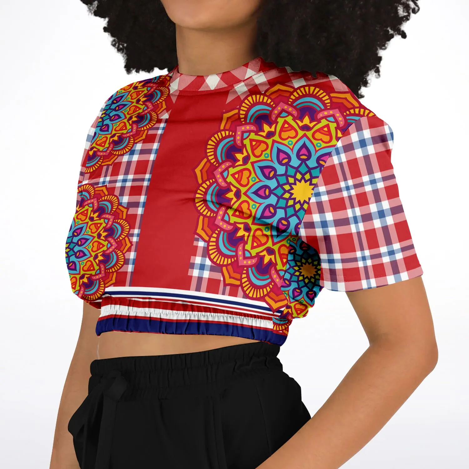 Hippy-Dippy Plaid Short Sleeve Cropped Eco-Poly Sweater