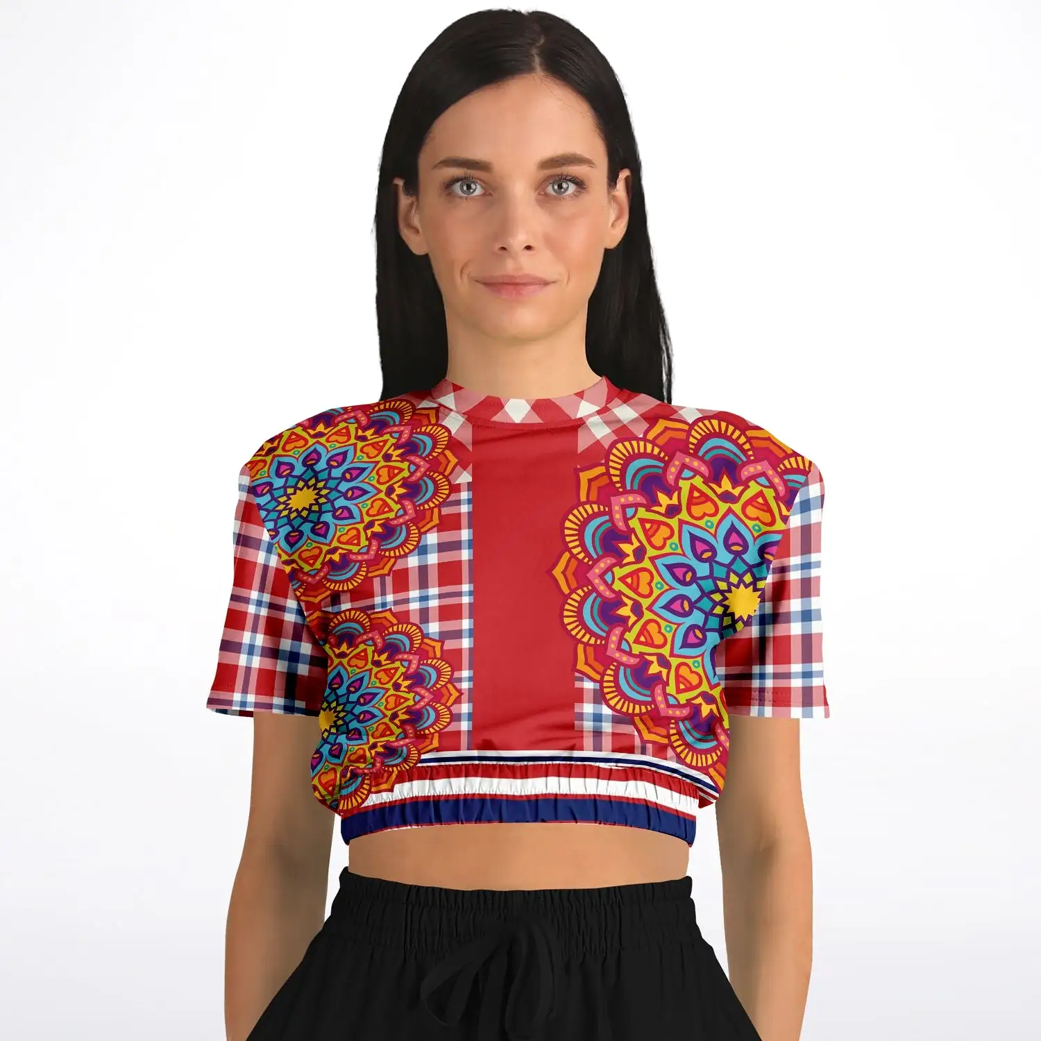 Hippy-Dippy Plaid Short Sleeve Cropped Eco-Poly Sweater