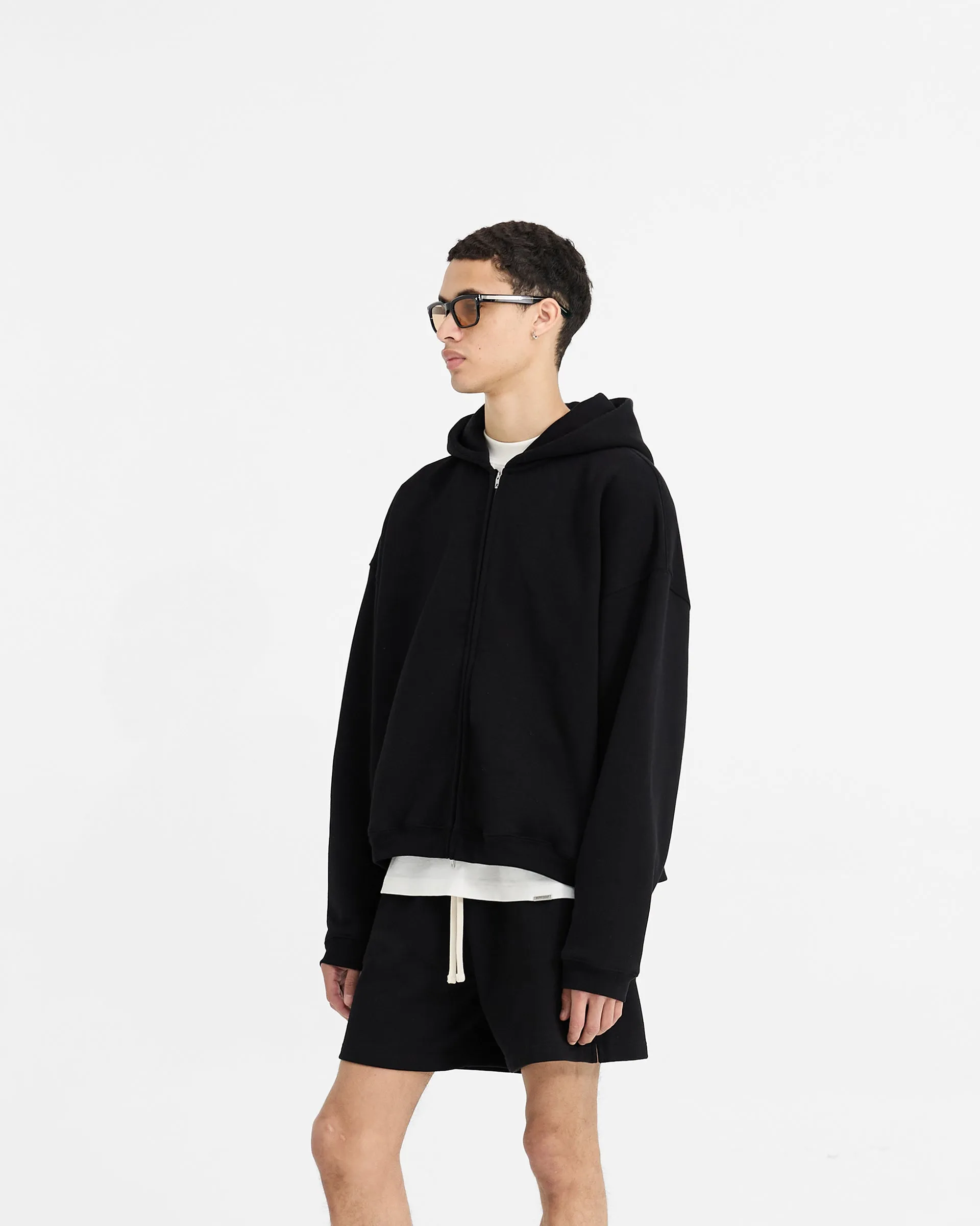 Initial Boxy Zip Through Hoodie - Black