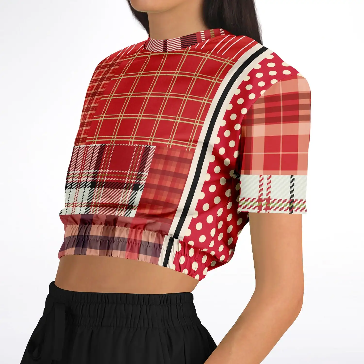 Jersey Salsa Plaid Patchwork Short Sleeve Cropped Eco-Poly Sweater