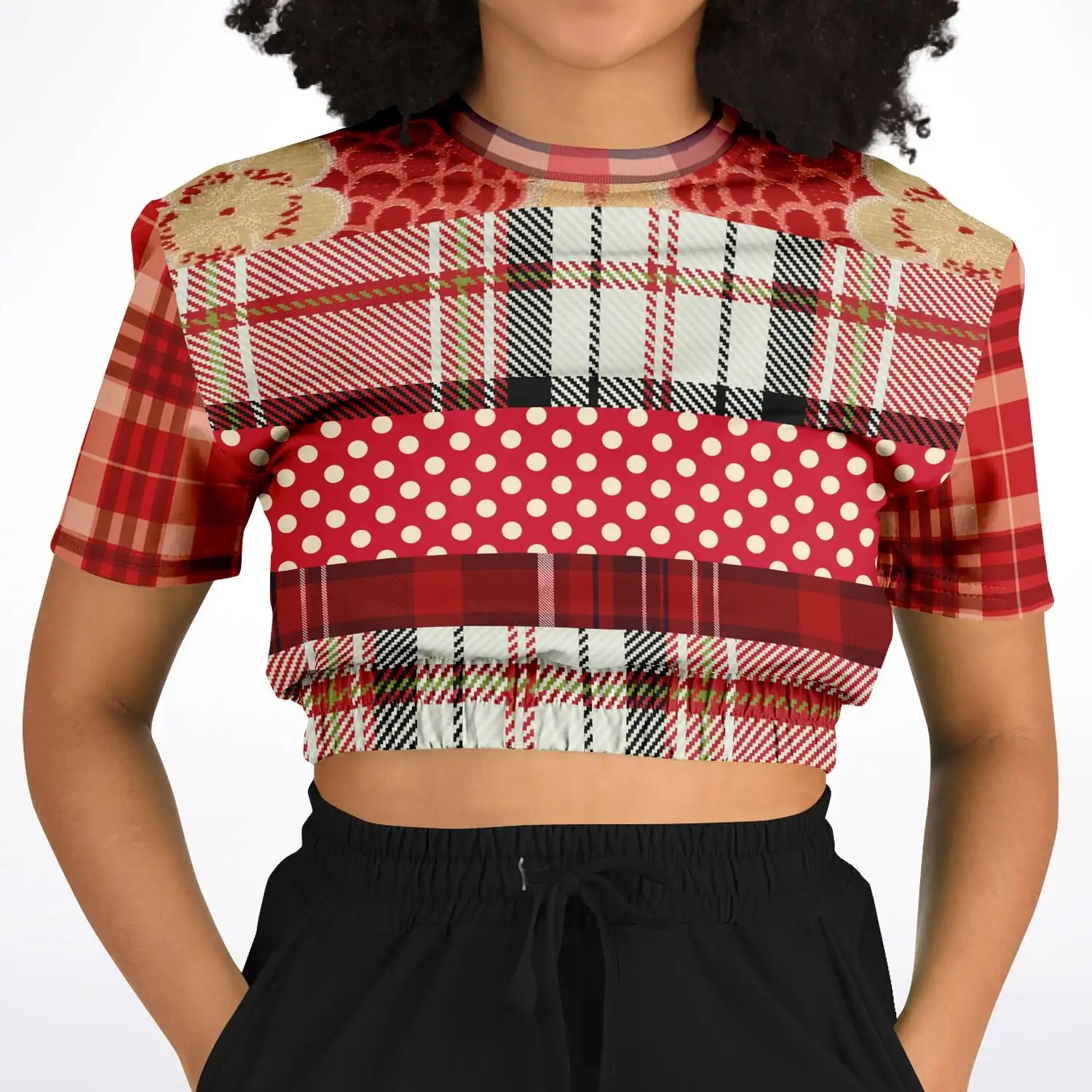 Jersey Salsa Red Plaid Short Sleeve Cropped Eco-Poly Sweater