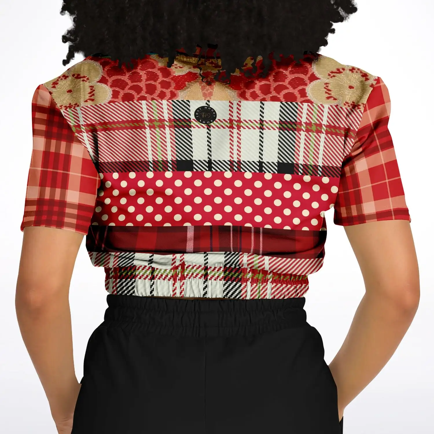 Jersey Salsa Red Plaid Short Sleeve Cropped Eco-Poly Sweater