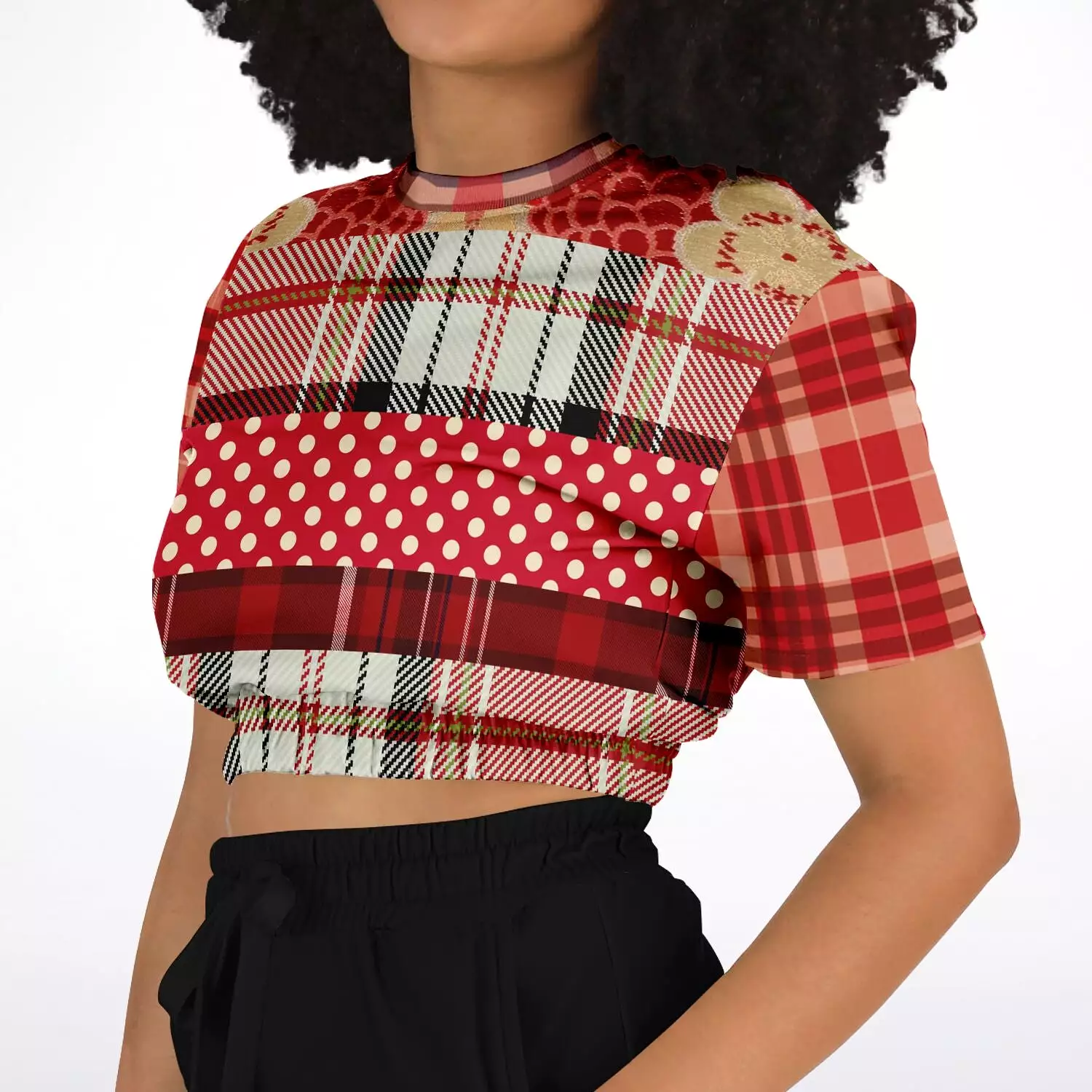 Jersey Salsa Red Plaid Short Sleeve Cropped Eco-Poly Sweater